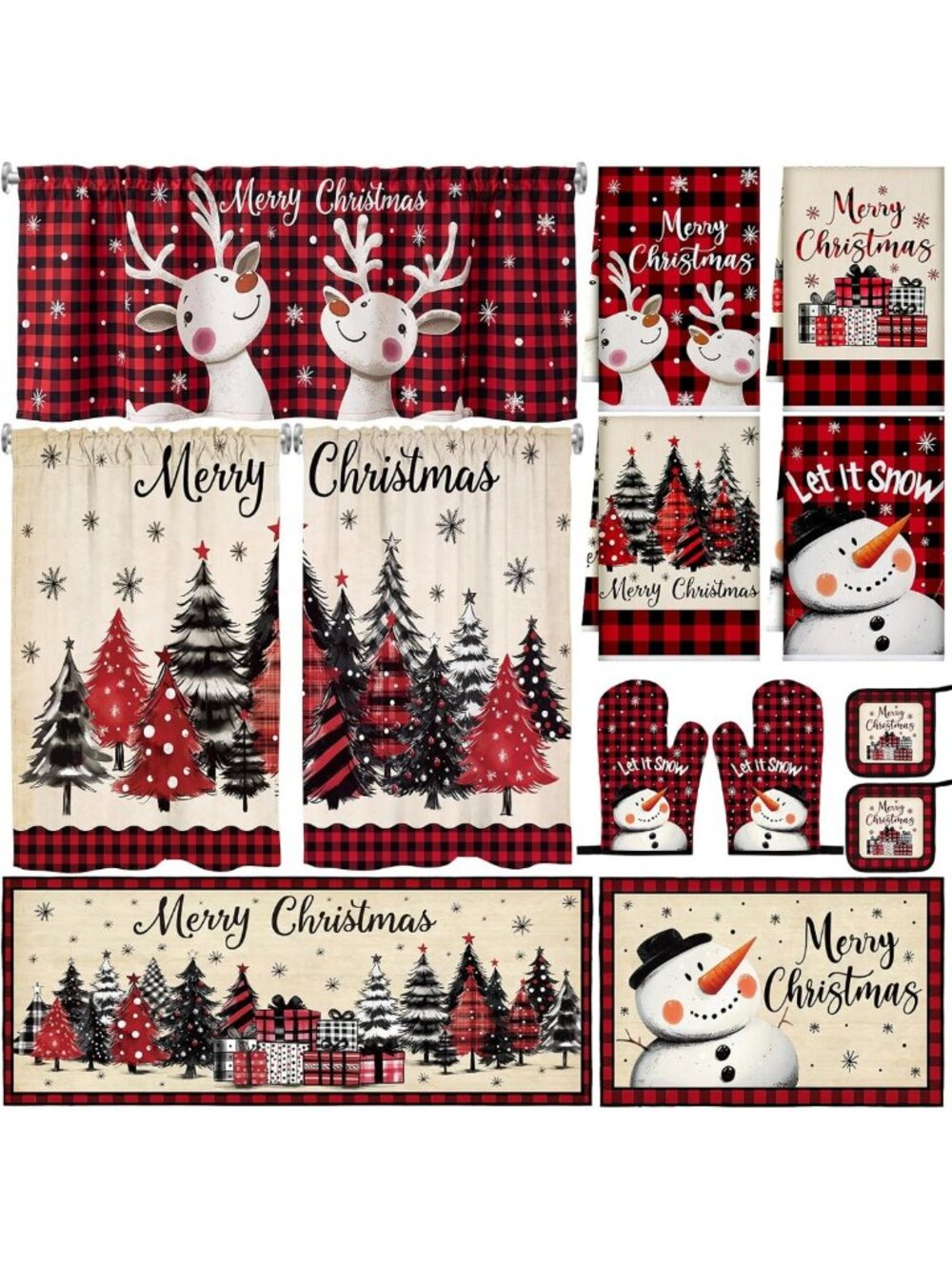 Buffalo Plaid Christmas Kitchen Decor Set - 13 Pcs Red & Black Accessories